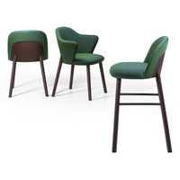 Green upholstered chairs with dark wood legs, featuring a sleek, modern design. Perfect for stylish home decor.