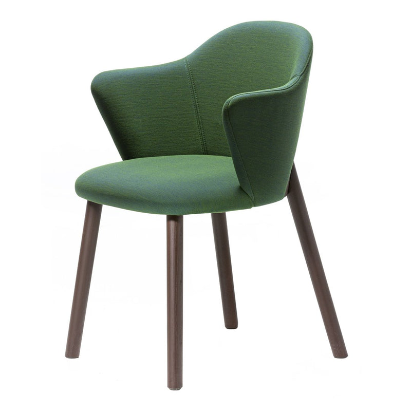 Green fabric chair with a smooth, curved back and dark wooden legs, featuring a modern design.