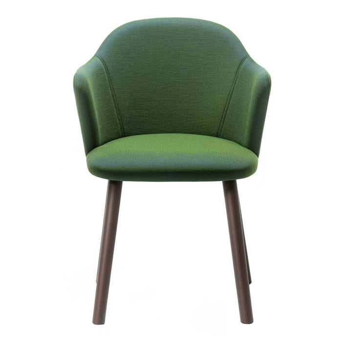 Green upholstered chair with a textured finish and brown wooden legs. Modern design for stylish decor.