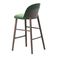 Green upholstered bar stool with a brown wooden frame, featuring a sleek, modern design.