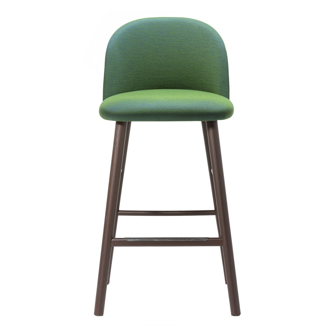 Green upholstered bar stool with a smooth, rounded seat and brown wooden legs. Modern design with vibrant colors.