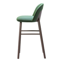Green upholstered bar stool with a sleek design and a brown wooden frame. Perfect for modern interiors.