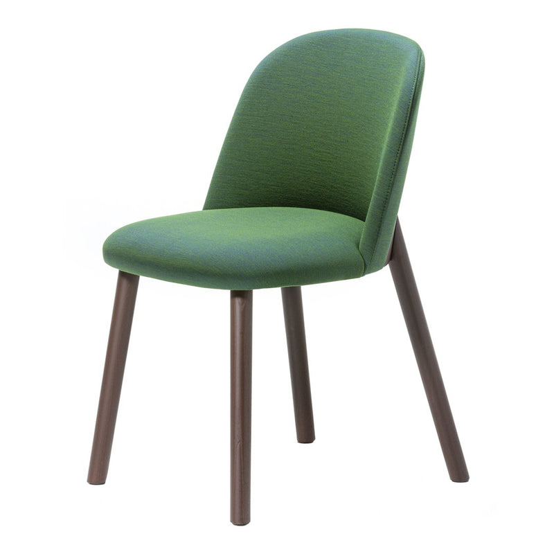 Green upholstered chair with a textured pattern and brown wooden legs, perfect for modern decor.