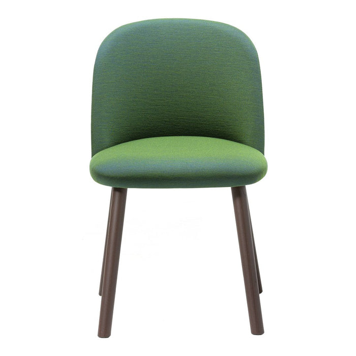 Green upholstered chair with a subtle textured pattern and dark wooden legs. Perfect for modern decor.
