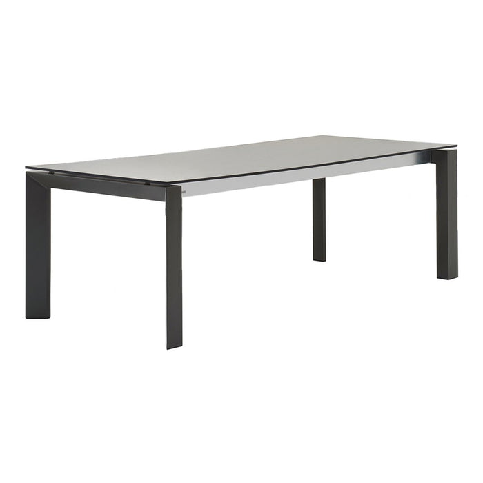 Rectangular dining table with a sleek gray top and black metal legs, featuring a modern minimalist design.