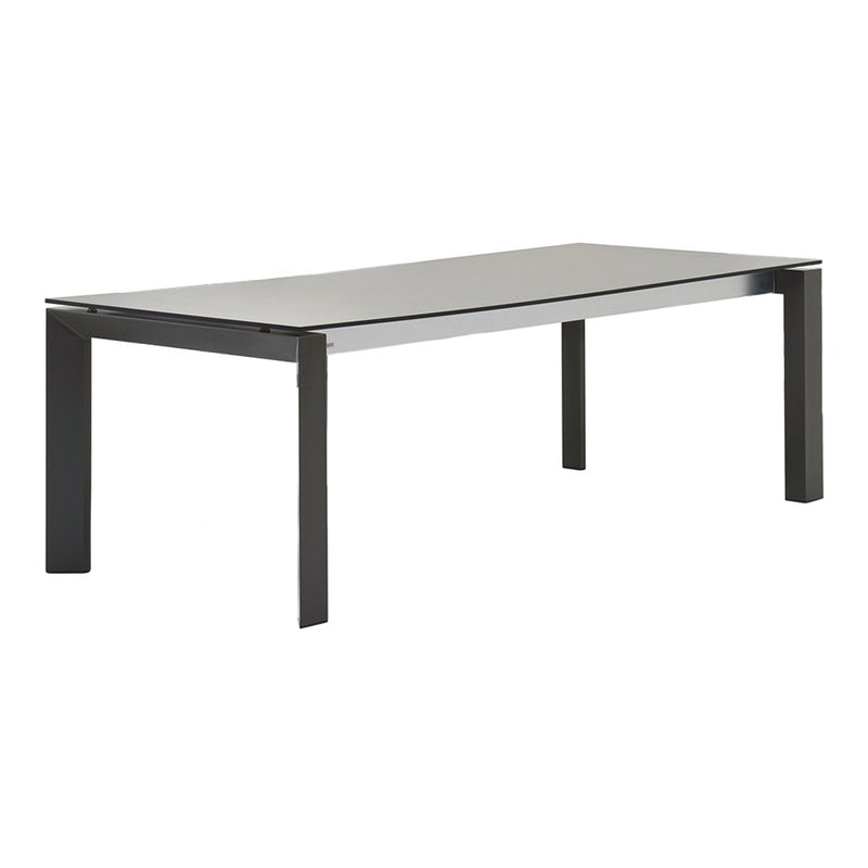 Modern black metal frame coffee table with a minimalist gray tabletop, featuring clean lines and a sleek design.