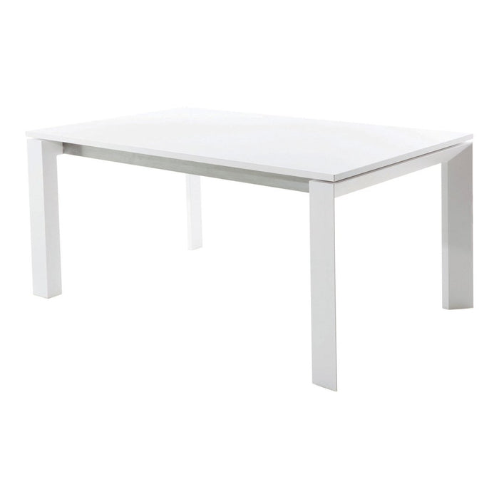 Sleek white rectangular dining table with a smooth surface and clean, minimalist lines. Perfect for modern spaces.