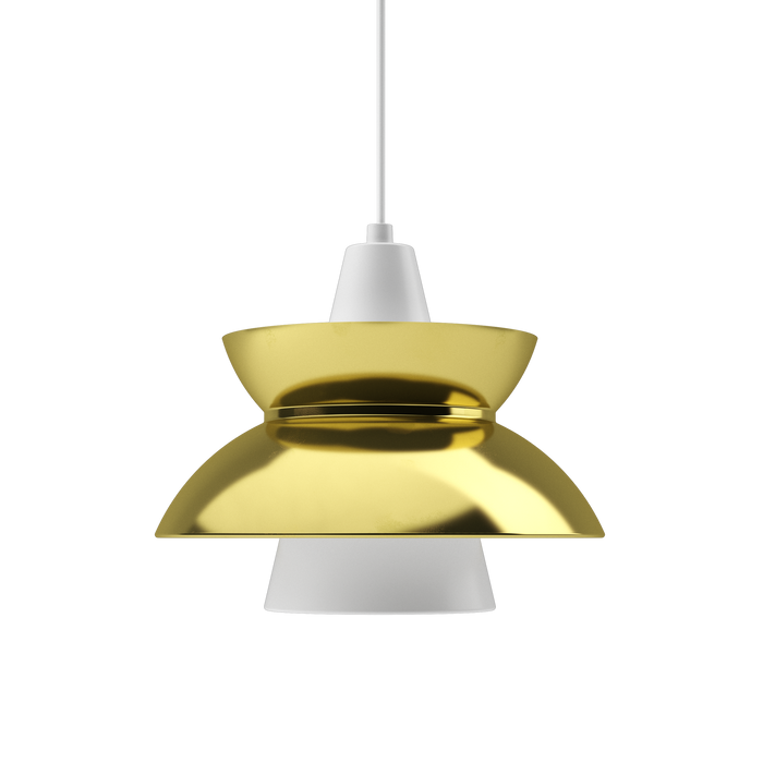 Gold and white modern pendant light with a sleek, reflective design and elegant curved silhouette.