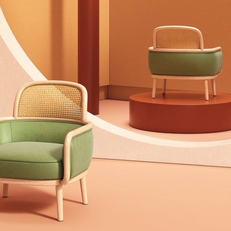 Green and beige patterned chair in an orange and light pink setting, showcasing modern design and textures.