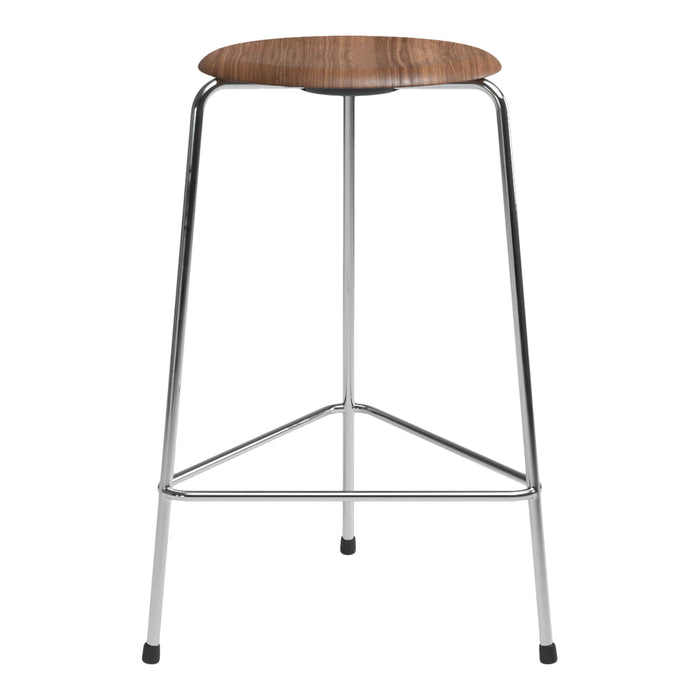 Rustic walnut wood seat with a sleek chrome finish, featuring a minimalist design and sturdy tripod legs.