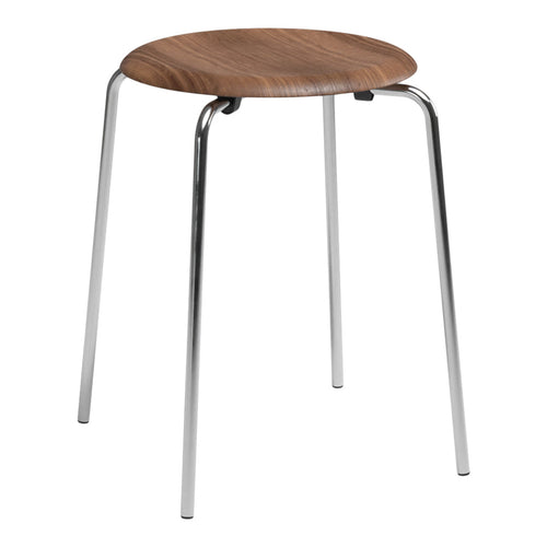 Wooden round stool with a rich walnut finish and sleek chrome legs, featuring a simple, minimalist design.