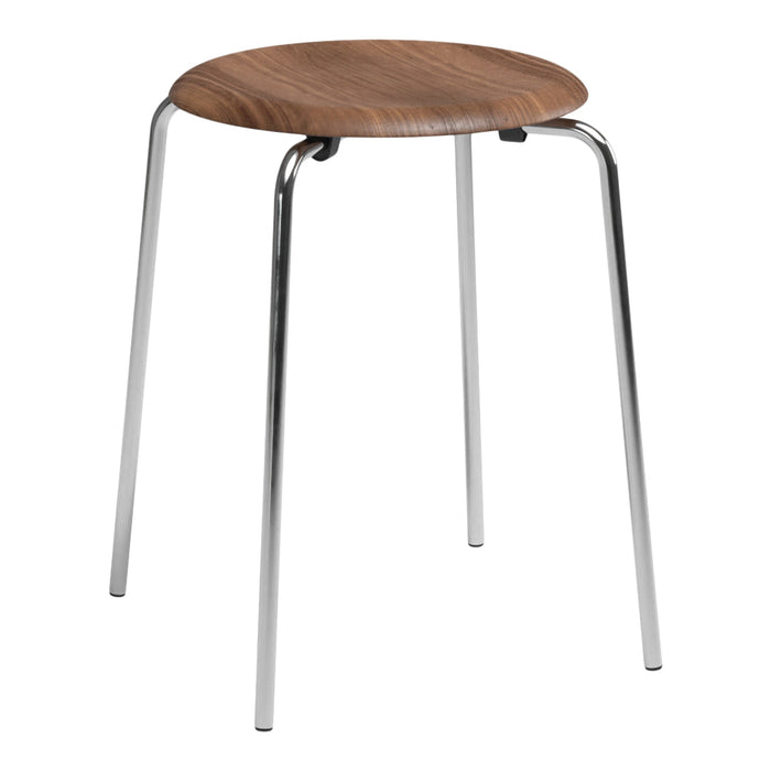 Wooden round stool with a rich walnut finish and sleek chrome legs, featuring a simple, minimalist design.