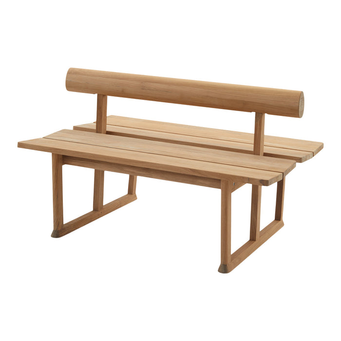 Natural wood bench with a smooth finish, featuring a minimalist design and warm beige tones. Ideal for outdoor spaces.