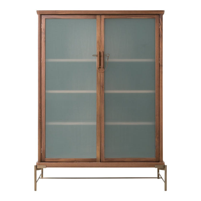 Wooden cabinet with frosted glass doors and a brass frame, combining natural tones with sleek, modern patterns.