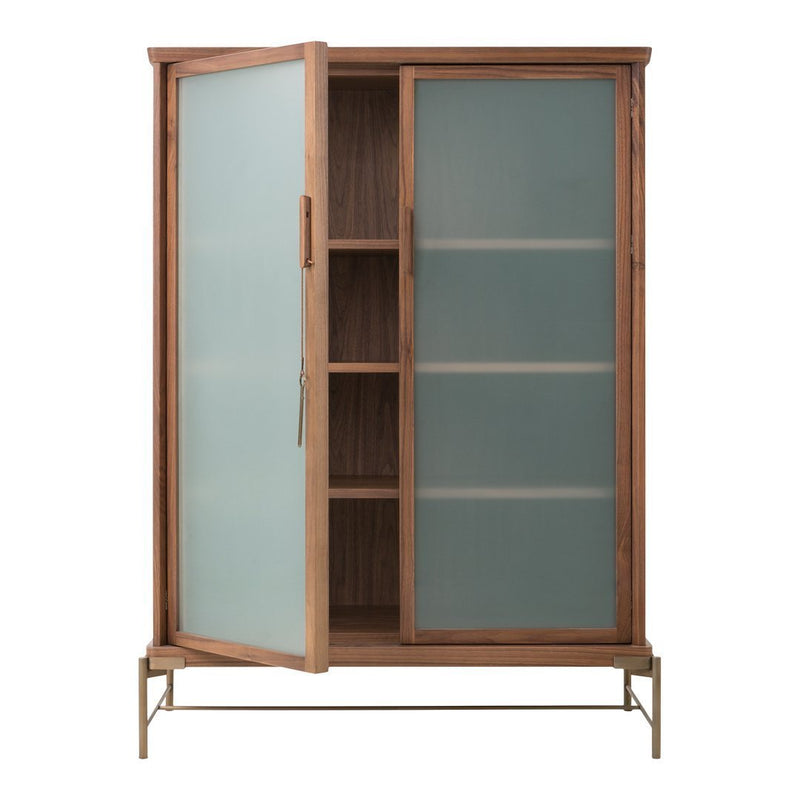 Wooden cabinet with frosted glass doors and a sleek metal base, featuring neutral tones and minimalist design.