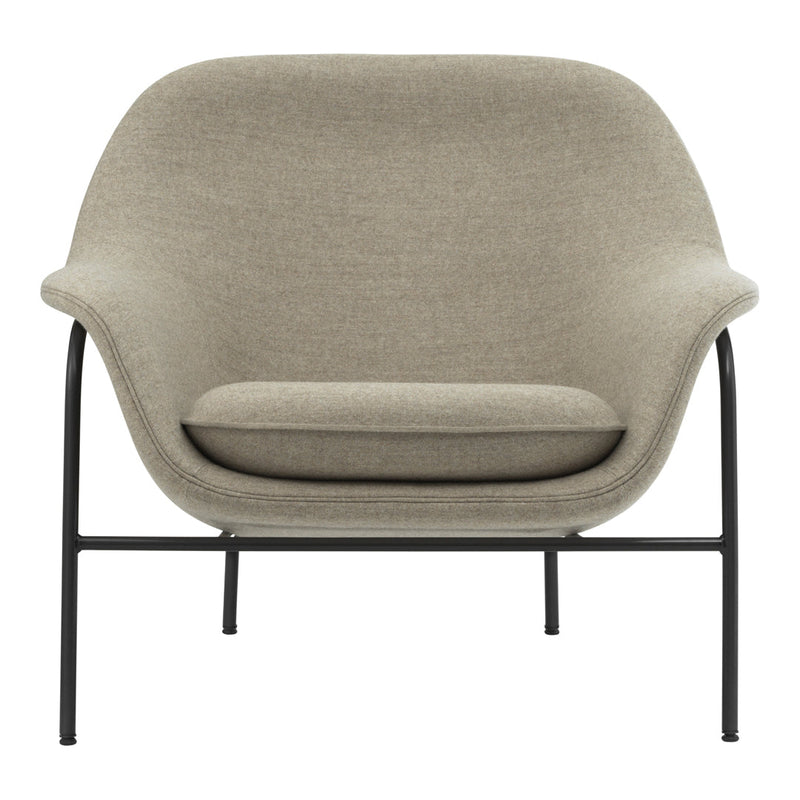 Beige upholstered chair with a minimalist design and black metal frame, perfect for modern decor.