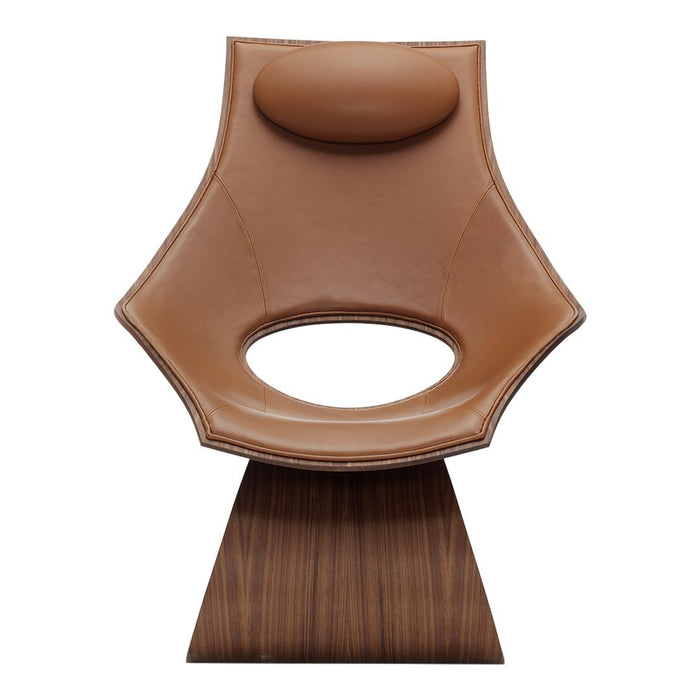 Modern brown leather chair with a unique cut-out design and a wooden base, perfect for contemporary decor.