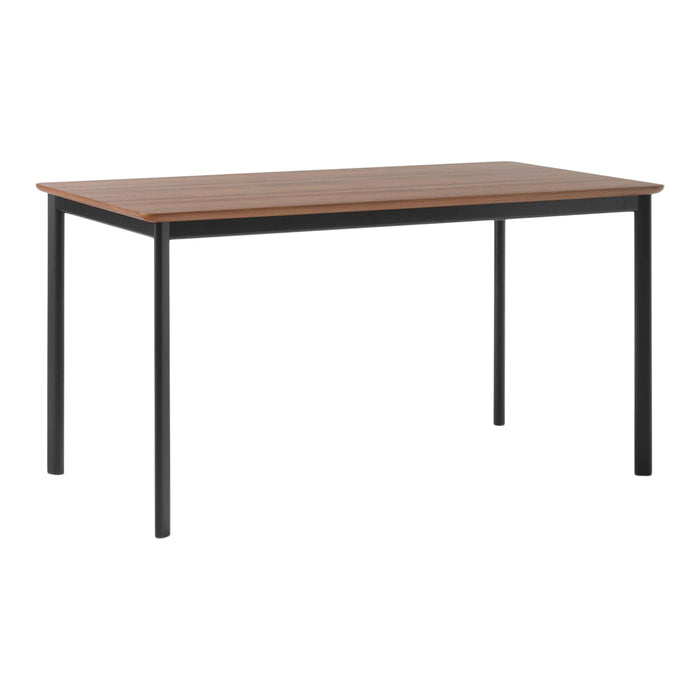 Brown wood tabletop with a smooth finish, complemented by sleek black metal legs. Minimalist design, versatile style.