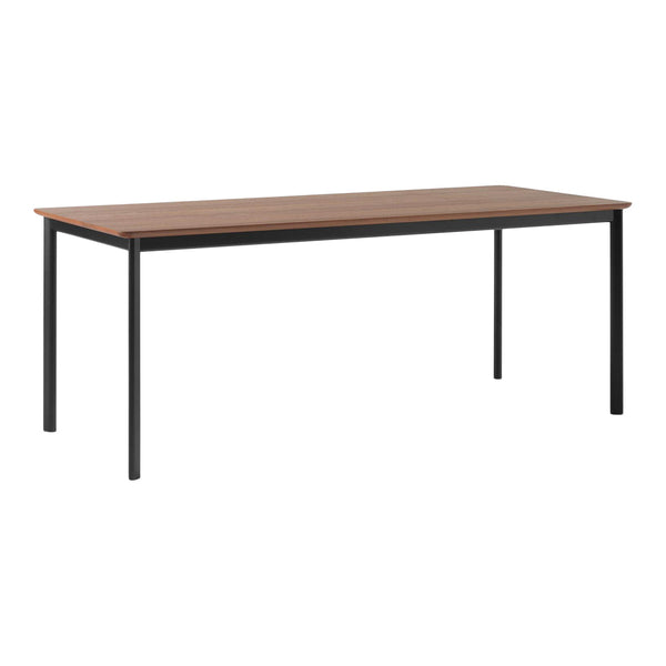 Brown wooden tabletop with a sleek black metal frame, featuring a smooth, minimalist design. Perfect for modern decor.