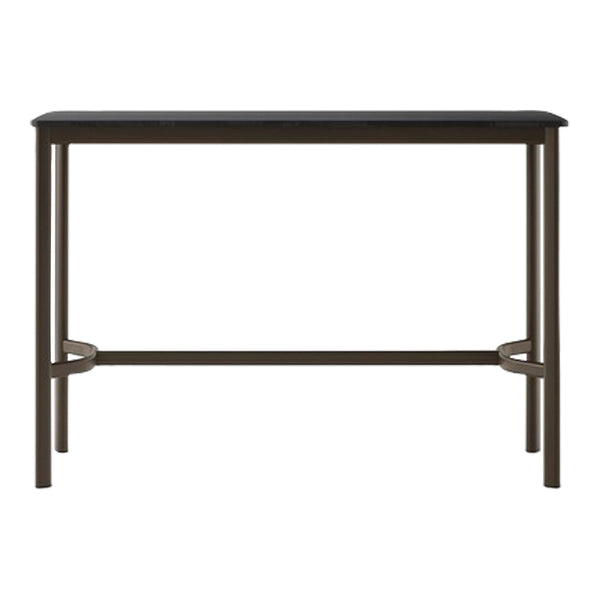 Black tabletop with a sleek, matte finish, supported by a dark brown metal frame. Simple, modern design.