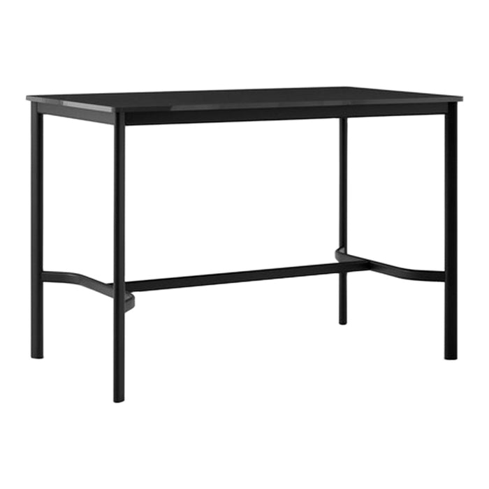 Black rectangular table with a sleek, minimalist design and a smooth surface, supported by a sturdy black metal frame.