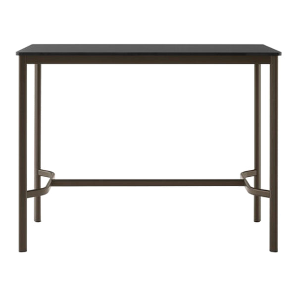 Sleek black tabletop with contrasting bronze metal legs, minimalistic design perfect for modern spaces.