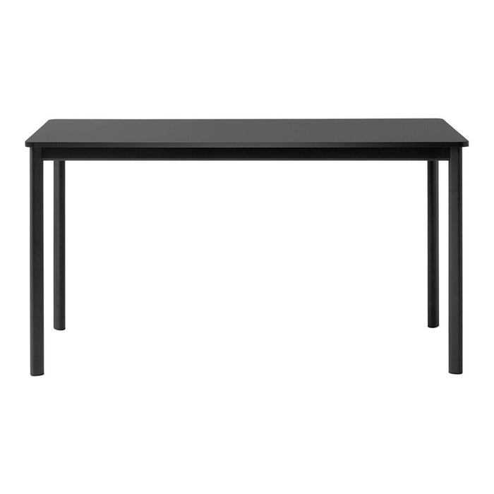 Black rectangular table with sleek, minimalist design and smooth surface; perfect for modern décor.