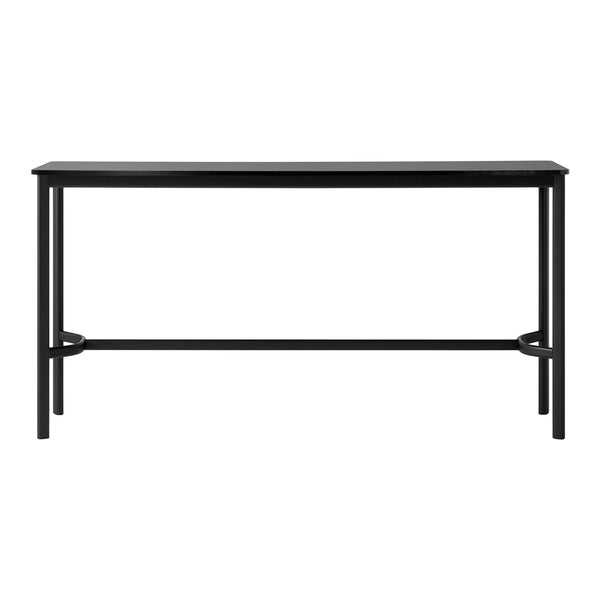 Black rectangular console table with a sleek, minimal design and smooth, solid surface. Perfect for modern decor.