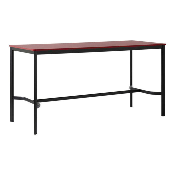 Red tabletop with a sleek black metal frame, featuring a minimalist design suitable for modern spaces.