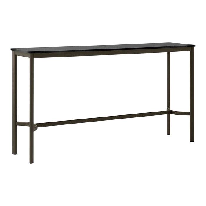 Sleek black console table with an elegant minimalist design and dark metal frame. Perfect for modern decor.