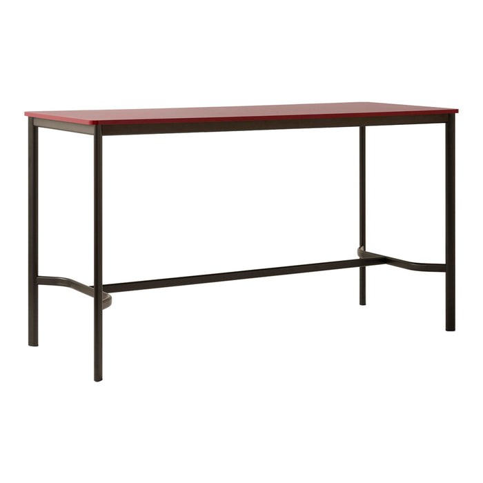 Red tabletop with a sleek black metal frame, modern design, perfect for kitchen or workspace.