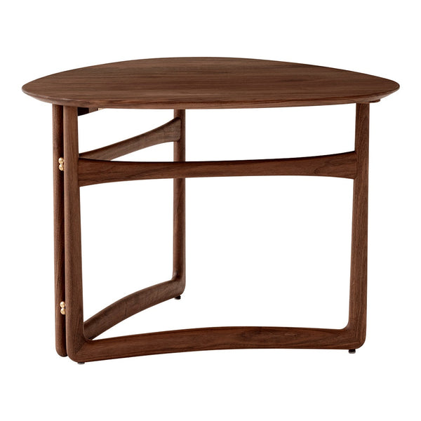Triangular walnut table with smooth, dark brown finish and elegant curved legs. Perfect for modern decor.