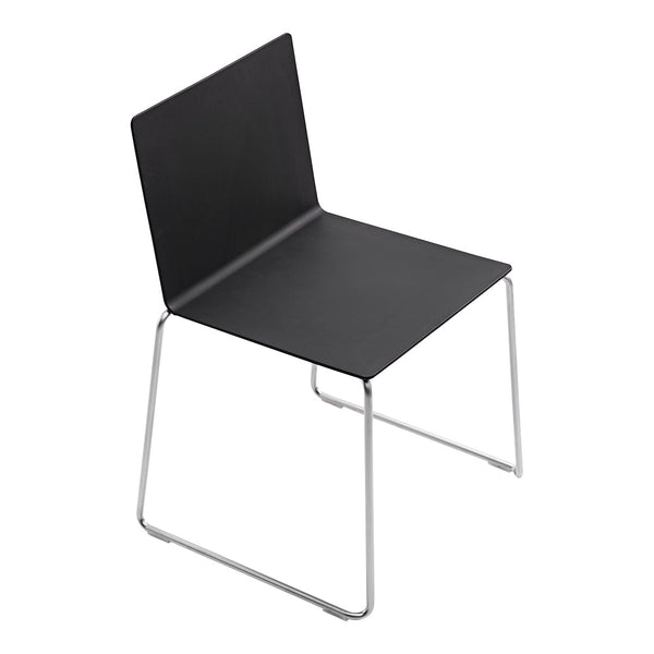 Black minimalist chair with sleek chrome legs, perfect for modern decor.