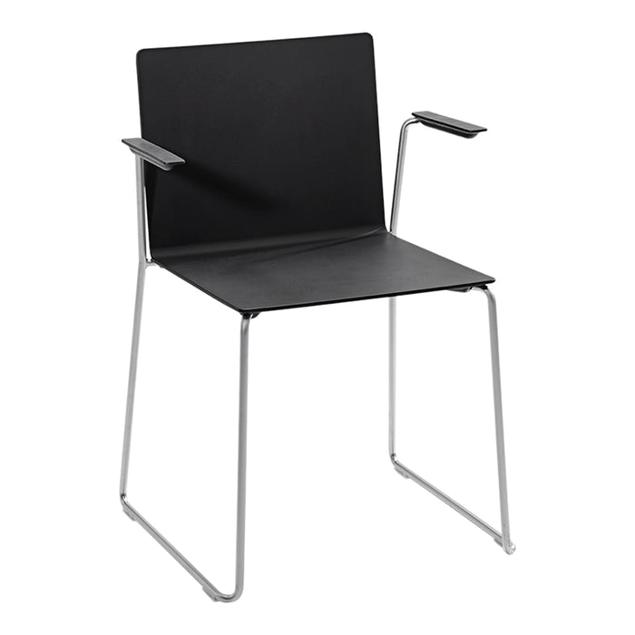 Black chair with sleek, minimalist design, featuring a smooth seat and backrest, complemented by chrome legs.