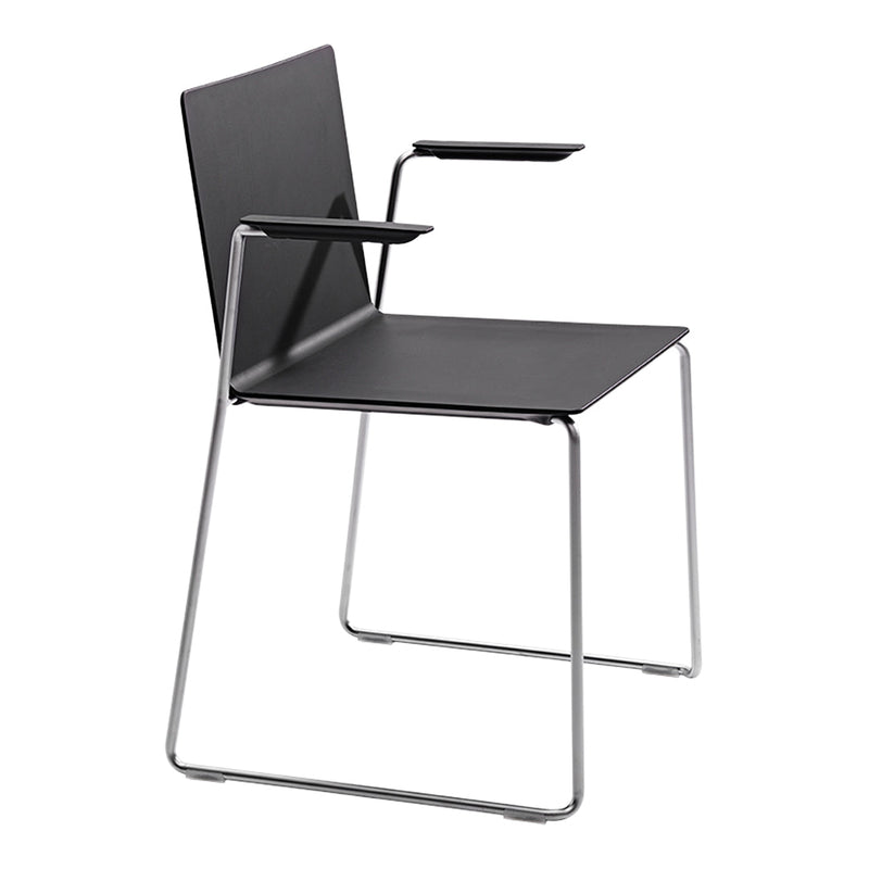 Modern black chair with a sleek design and chrome accents, featuring a minimalist pattern for a contemporary look.
