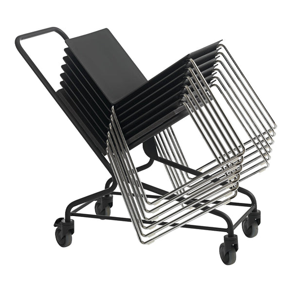 Black metal shopping cart with stacked silver wire frames and sleek, modern design on rolling wheels.