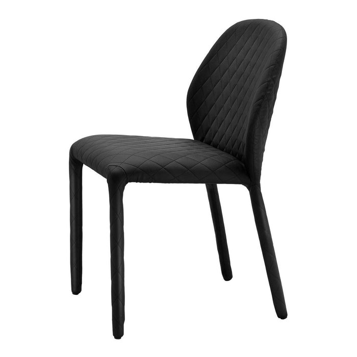 Black quilted dining chair with a sleek, modern design and curved backrest. Perfect for stylish interiors.