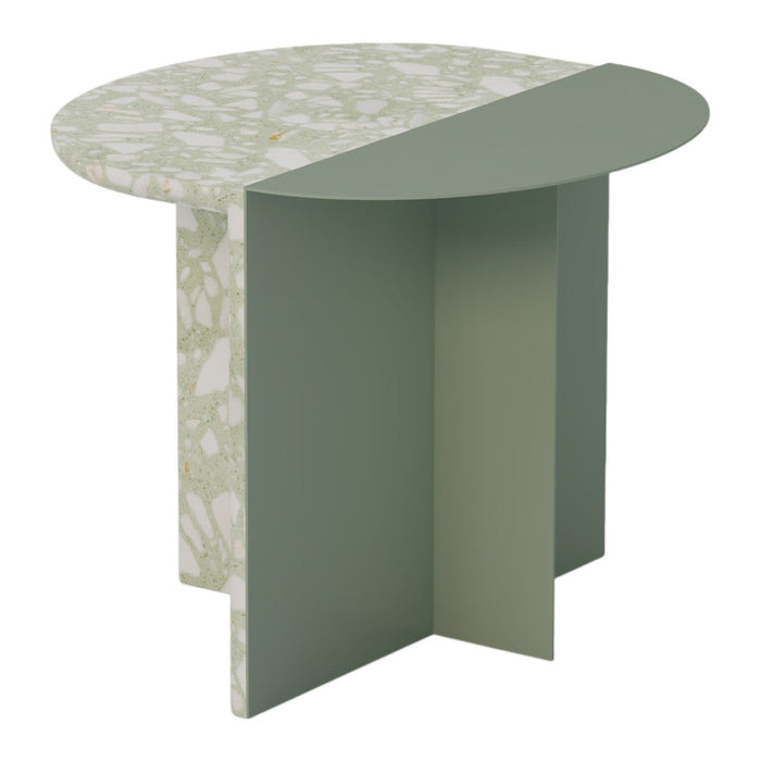 "Round side table with a green terrazzo top and muted green base, featuring a sleek geometric design."