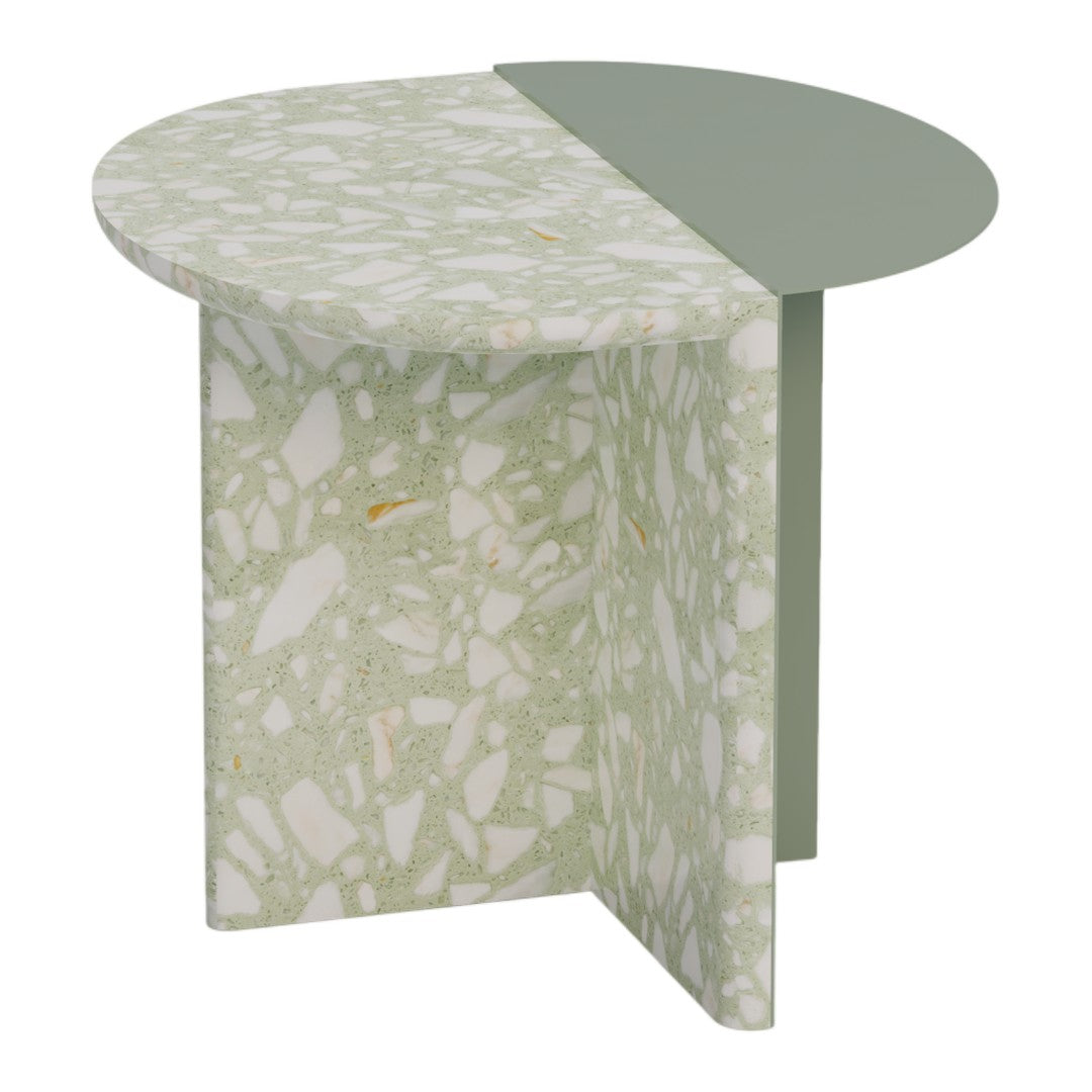 Light green terrazzo accent table with a smooth, muted green top, featuring a modern geometric design.