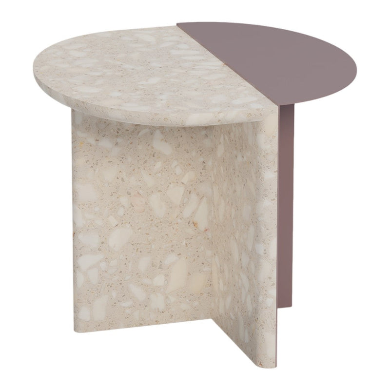 Beige terrazzo side table with a half purple top, featuring a modern minimalist design and smooth curves.
