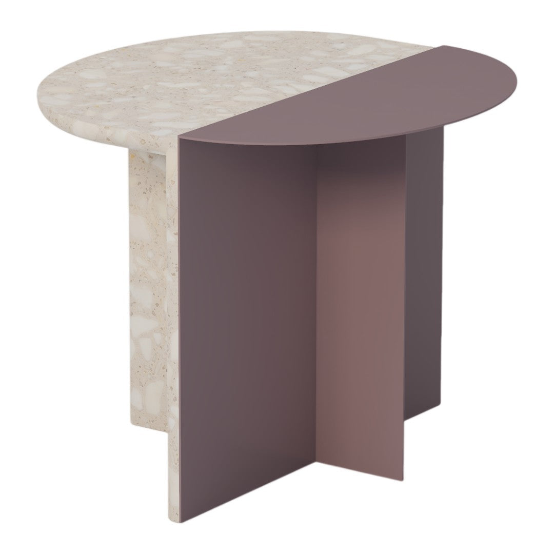 Round side table with a split design: one half light beige marble, the other half deep plum purple. Modern and stylish.