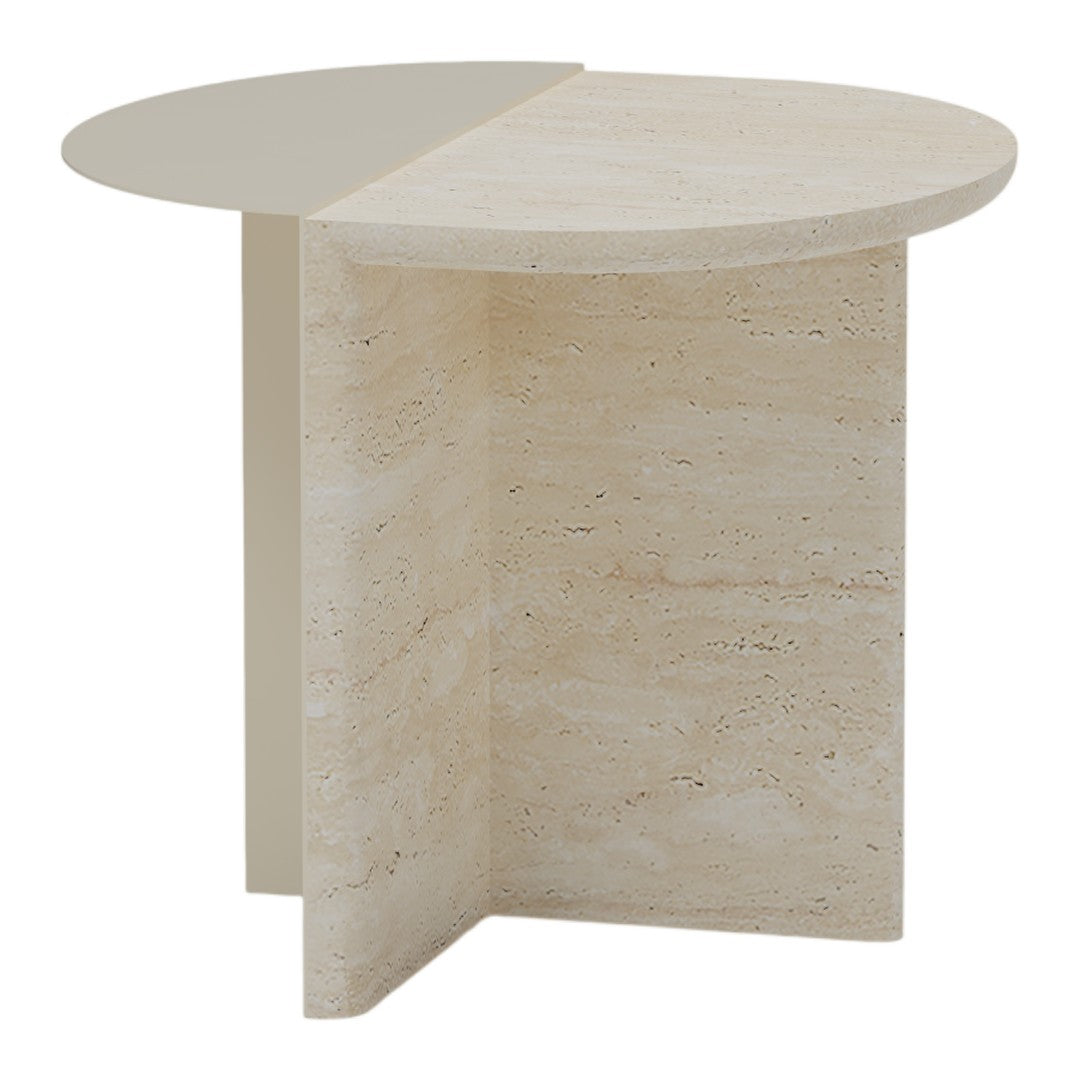 Round two-tone table features a beige top and a textured light stone base, showcasing a minimalist, modern design.