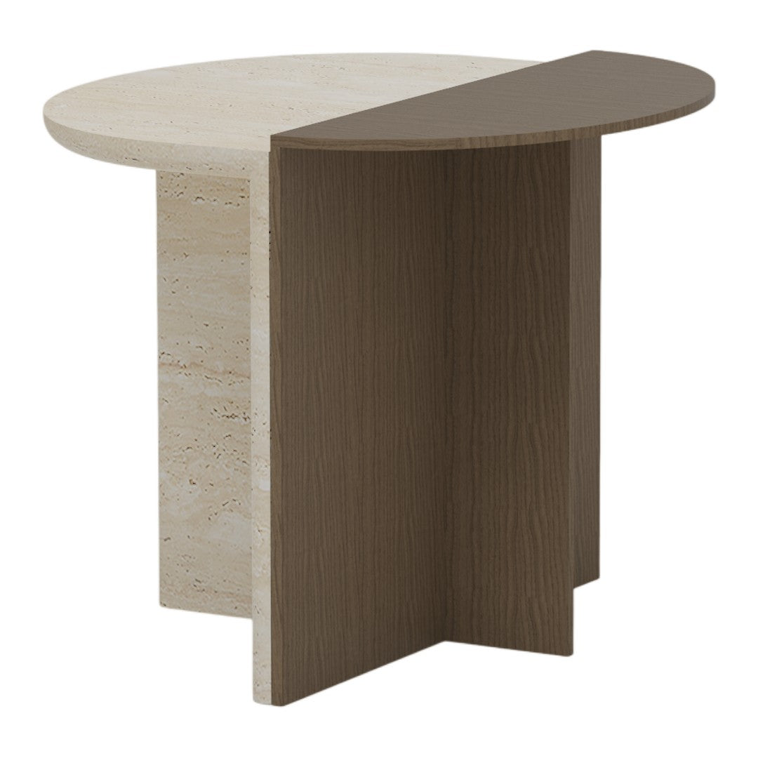 Round table with cream and warm brown color contrast, featuring a smooth top and textured base. Modern minimalist design.