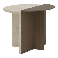 Round table with cream and warm brown color contrast, featuring a smooth top and textured base. Modern minimalist design.