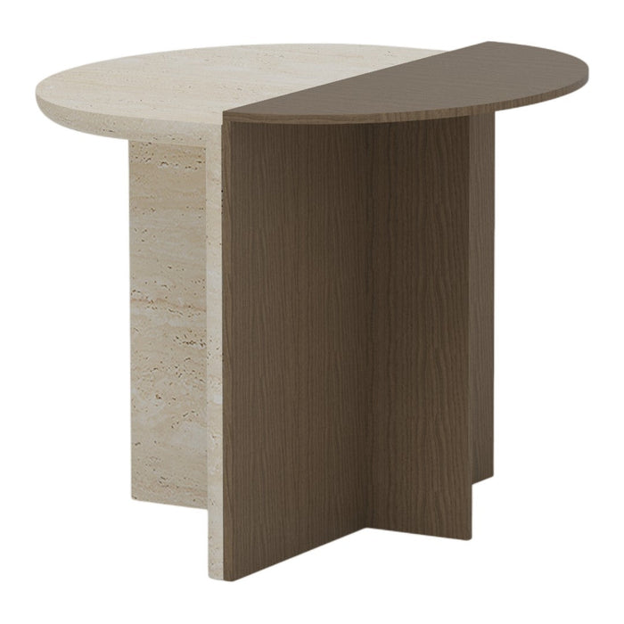 Round table with cream and warm brown color contrast, featuring a smooth top and textured base. Modern minimalist design.