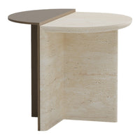Cream and beige marble side table with a sleek brown tabletop, featuring a minimalist design and smooth finishes.