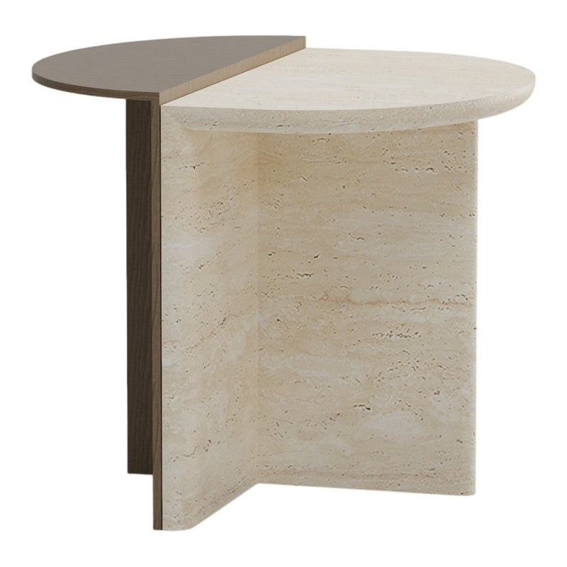 Cream and beige marble side table with a sleek brown tabletop, featuring a minimalist design and smooth finishes.