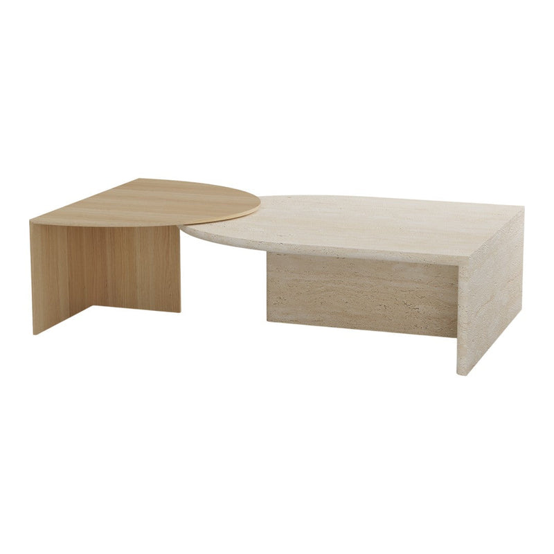Modern two-tone coffee table in light wood and cream with smooth, curved edges and minimalist design.