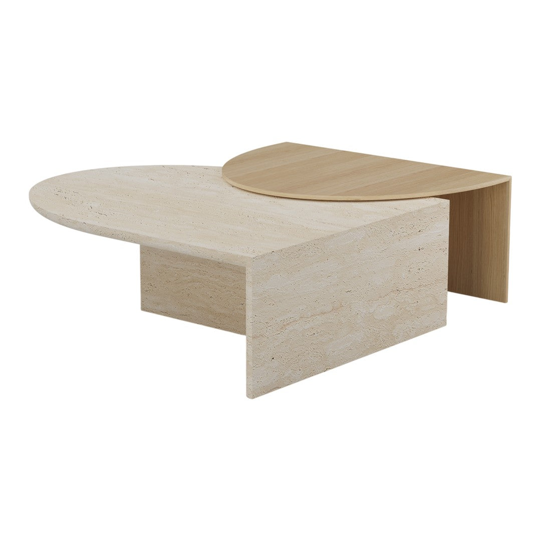 Two-tone coffee table with a smooth cream and light wood finish, featuring minimalist curved and rectangular shapes.