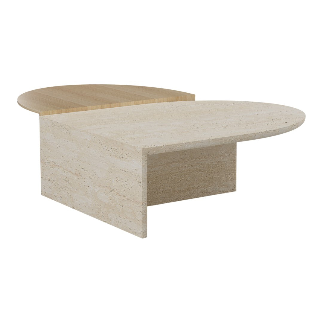 Elegant beige and light wood oval coffee table with smooth, minimalist design and seamless patterns. Perfect for modern decor.